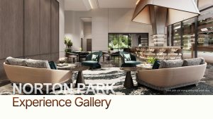 Phối cảnh khu vực sảnh chờ nội thất tại Norton Park với ghế sofa và quầy bar, hình ảnh minh họa tiện ích dự án