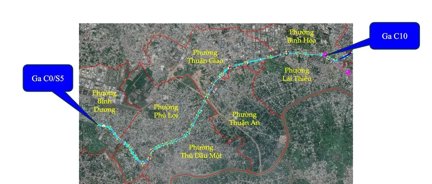 Bản đồ hướng tuyến từ ga C0/S5 đến ga C10 của tuyến Metro số 2 qua khu vực Bình Dương