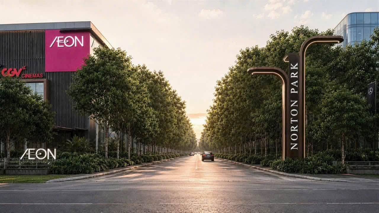 Lối vào khu trải nghiệm dự án Norton Park với biển hiệu gần AEON Mall
