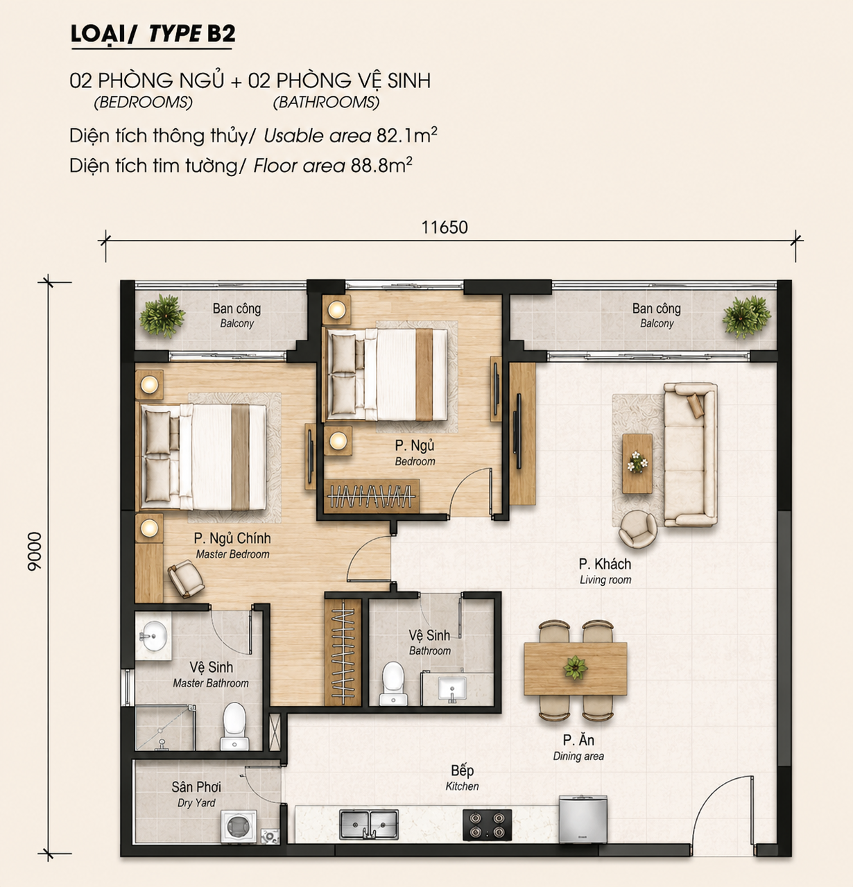 Mặt bằng thiết kế căn hộ 2 phòng ngủ Norton Park loại B2 diện tích 82,1m2