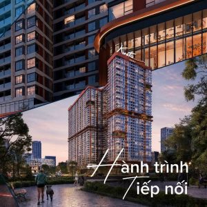 Phối cảnh cận cảnh tòa tháp The Uptown với logo Kusto và khối đế thương mại