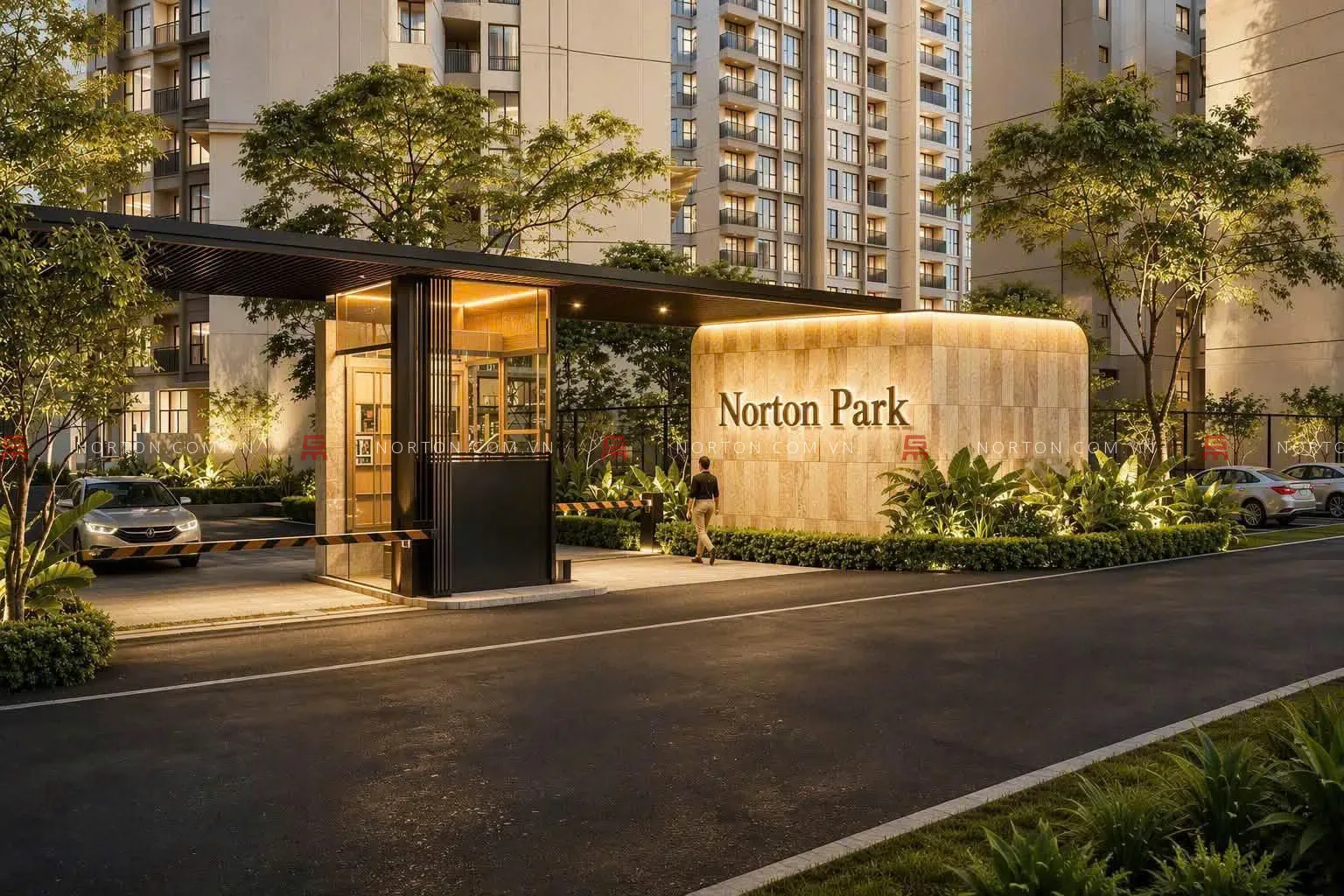 Phối cảnh cổng vào dự án Norton Park với bảng tên dự án về đêm