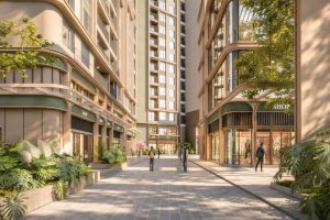 Phối cảnh khu shophouse nội khu dự án Norton Park với dãy cửa hàng thương mại