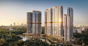 Phối cảnh tổng thể 6 tòa tháp căn hộ hạng sang Eaton Park của Gamuda Land bên bờ kênh