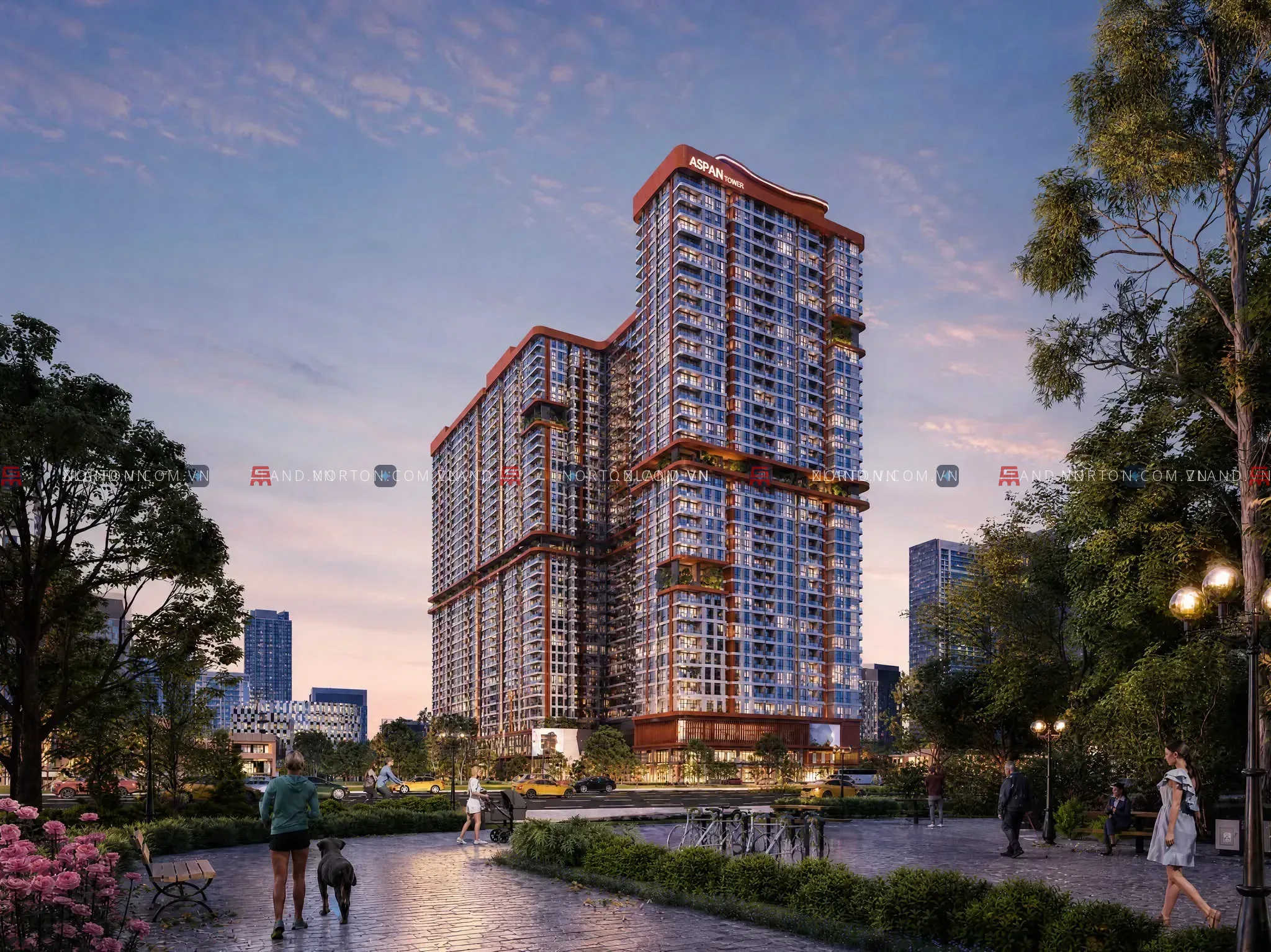 Phối cảnh tổng thể dự án The Uptown nhìn từ công viên nội khu về phía tháp Aspan