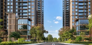 Phối cảnh trục đường nội khu Norton Park giữa hai cụm tháp, chân đế thương mại và cây xanh