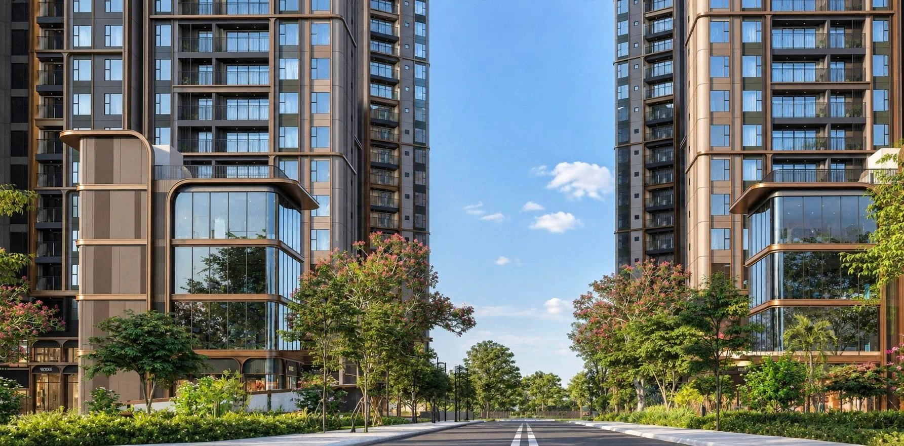 Phối cảnh trục đường nội khu Norton Park giữa hai cụm tháp, chân đế thương mại và cây xanh