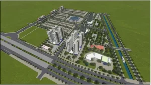 Phối cảnh cụm block căn hộ cao tầng Samania Suites bên kênh nước trong khu đô thị Spring Ville