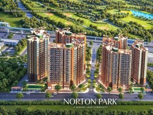 Phối cảnh tổng thể dự án Norton Park với các tòa tháp cạnh sân golf và tuyến đường trên cao