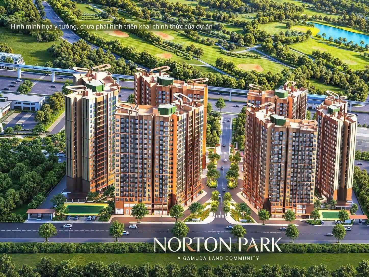 Phối cảnh tổng thể dự án Norton Park với các tòa tháp cạnh sân golf và tuyến đường trên cao