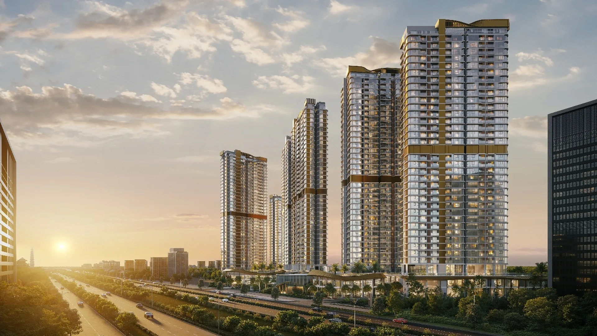 Các tòa tháp căn hộ Eaton Park của Gamuda Land nhìn từ xa lúc hoàng hôn