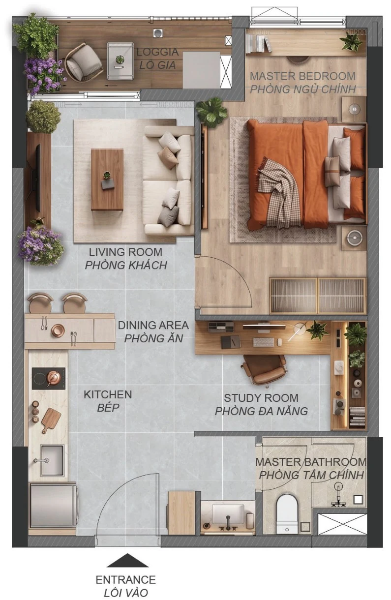 Mặt bằng căn hộ 1 phòng ngủ+ A1.1a Norton Park, diện tích sàn 50,65 m²