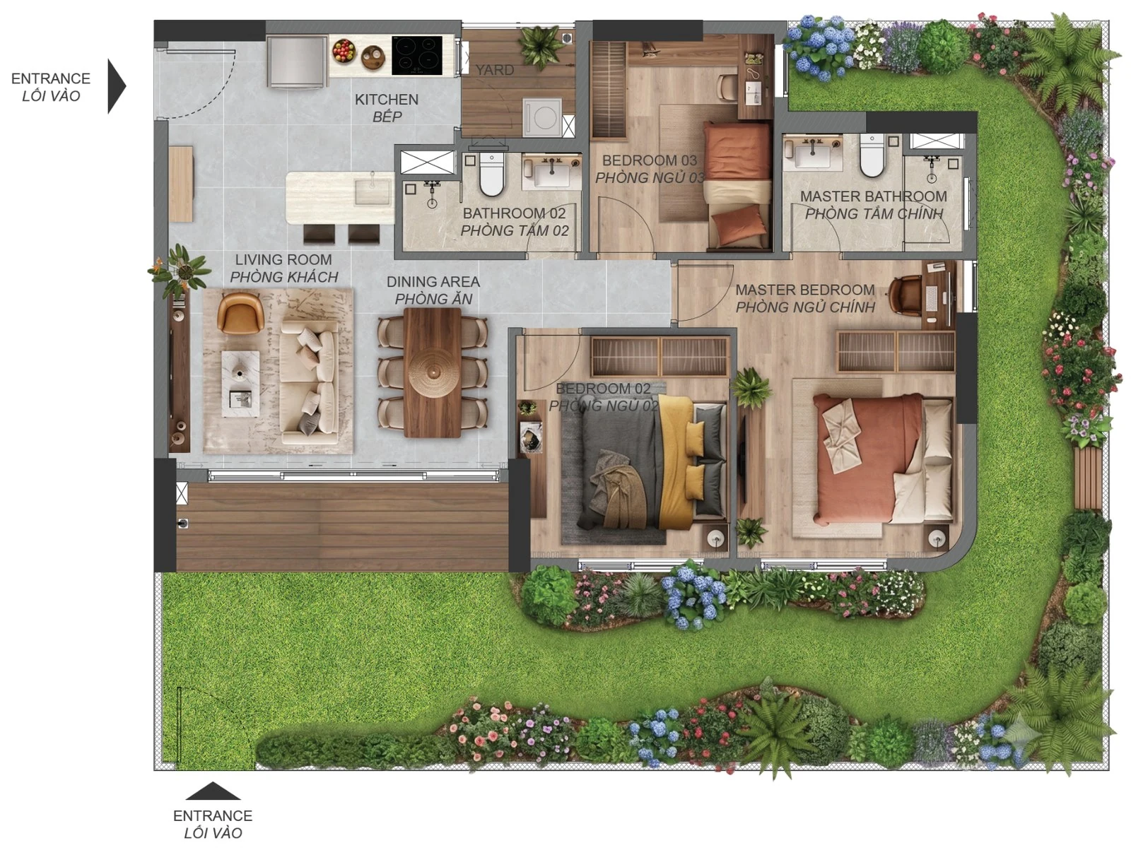 Mặt bằng căn hộ sân vườn C3.1c.PES Norton Park, 3 phòng ngủ, diện tích sàn 95,44 m² và sân vườn 64,00 m²
