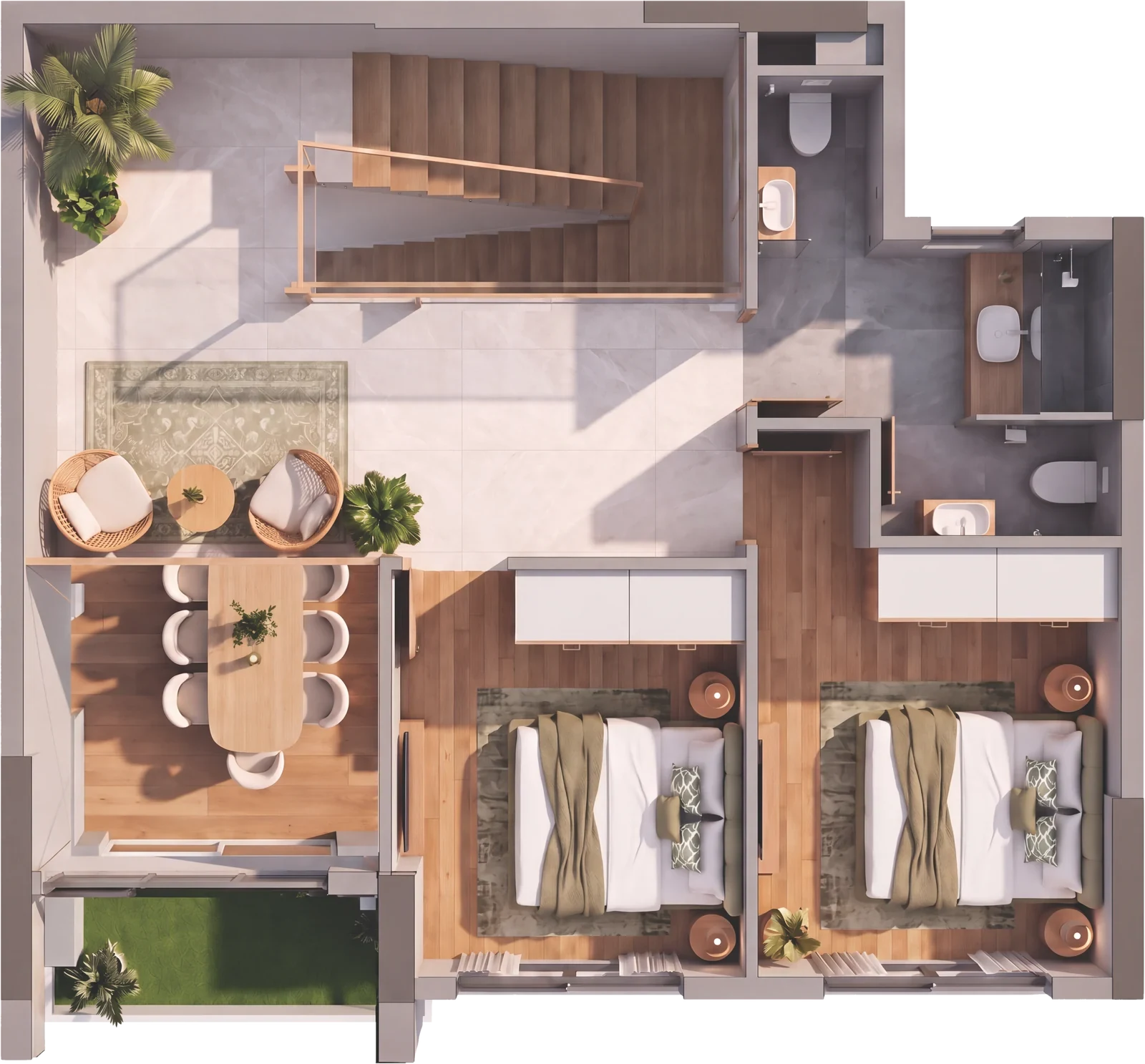 Mặt bằng tầng 2 căn Duplex D2.1c Norton Park, diện tích sàn cả căn 156,07 m²