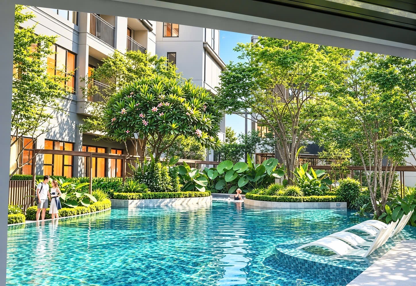 Hồ bơi cây xanh nội khu Norton Park với cư dân thư giãn bên hồ