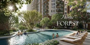 Hồ bơi Home Forest tại Norton Park với cư dân thư giãn bên ghế tắm nắng