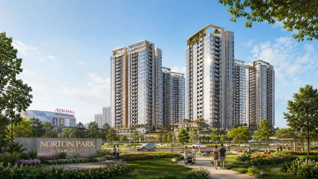 Phối cảnh các tòa tháp Norton Park cạnh AEON Mall Thuận Giao với biển tên Norton Park by Gamuda Land