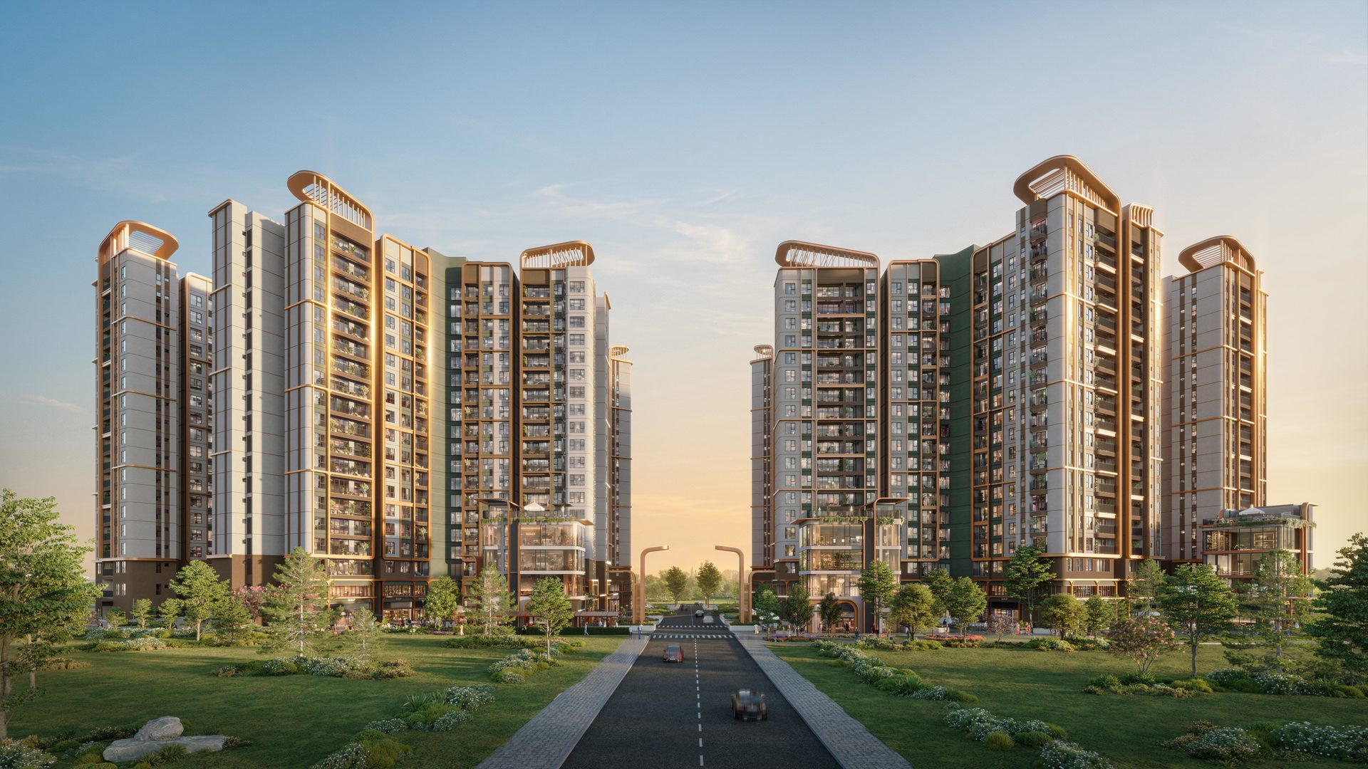 Phối cảnh trục chính và các tòa tháp Norton Park lúc hoàng hôn