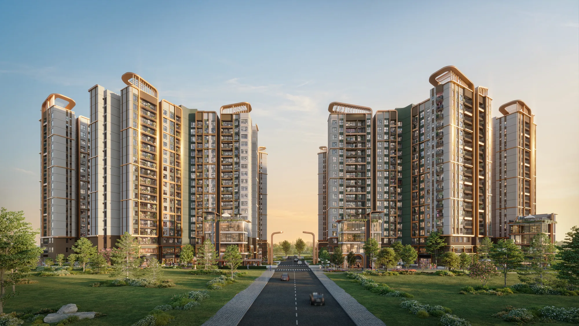 Hai cụm tháp 19 tầng của Norton Park nhìn từ đường nội khu (phối cảnh minh họa)