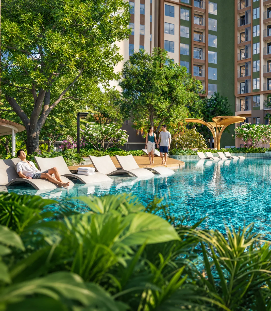Hồ bơi trung tâm với ghế nằm thư giãn tại Trạm sạc năng lượng Norton Park (phối cảnh minh họa)