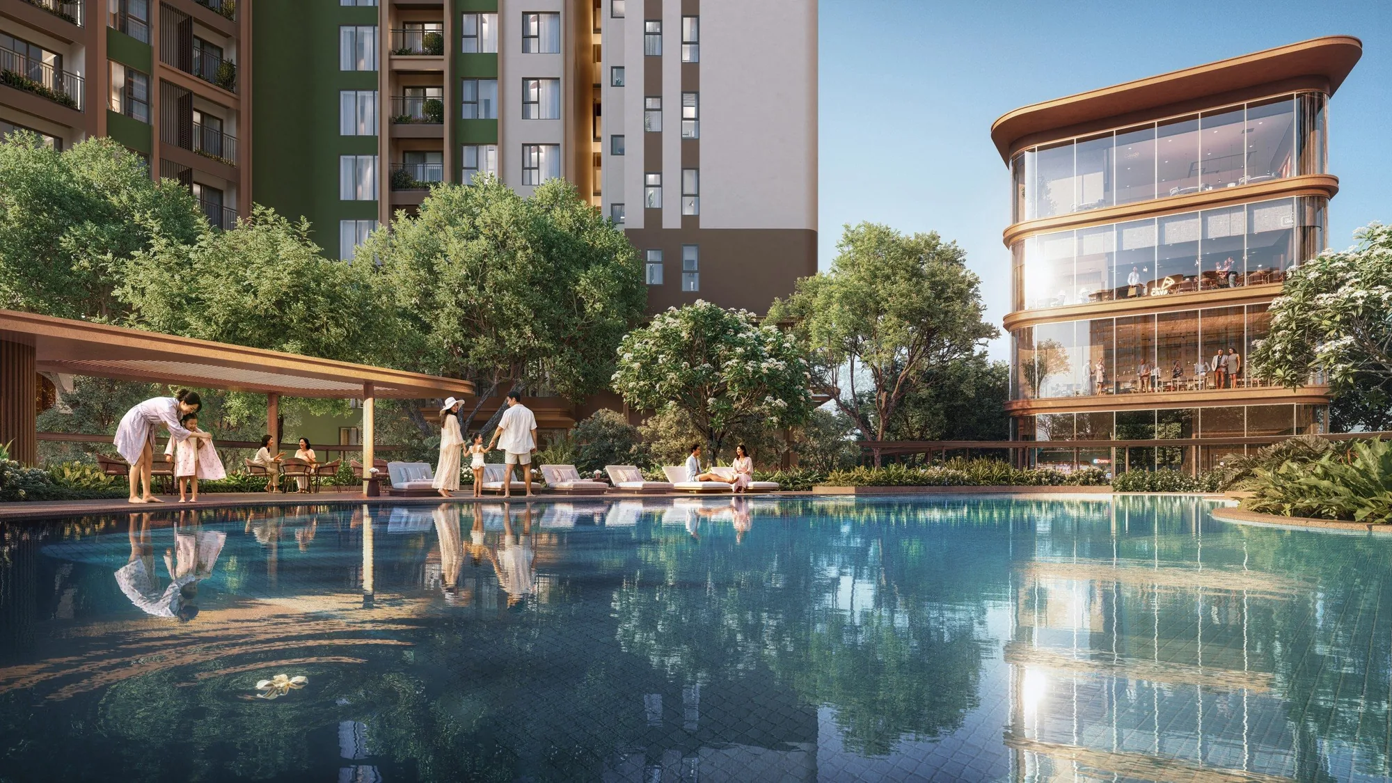 Hồ bơi trung tâm giữa cây xanh và khối tiện ích kính của Norton Park (phối cảnh minh họa)