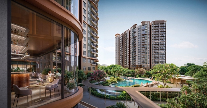 Phối cảnh khu vực hồ bơi và không gian tiện ích tại một dự án căn hộ của Gamuda Land