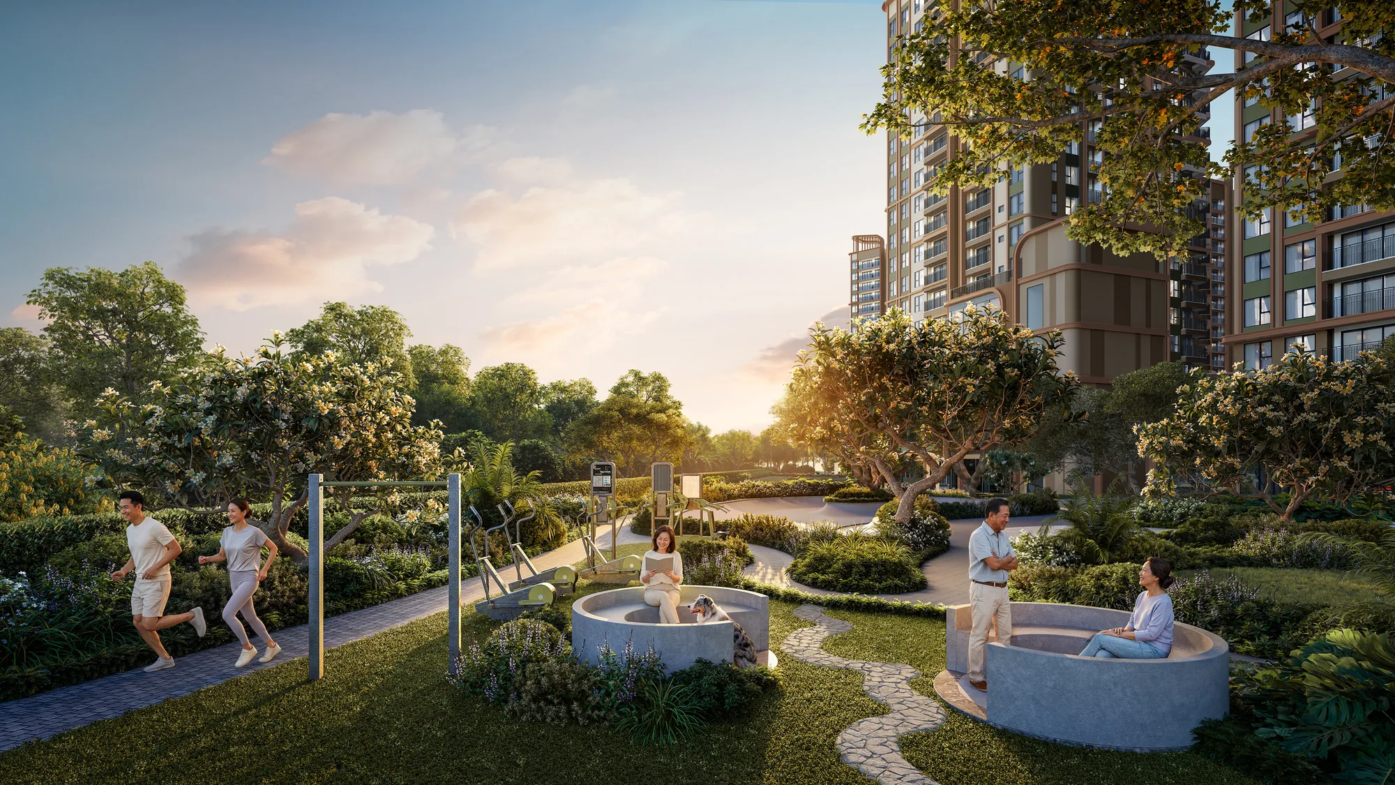 Lối dạo, khu tập vận động ngoài trời và cảnh quan xanh trong Norton Park (phối cảnh minh họa)