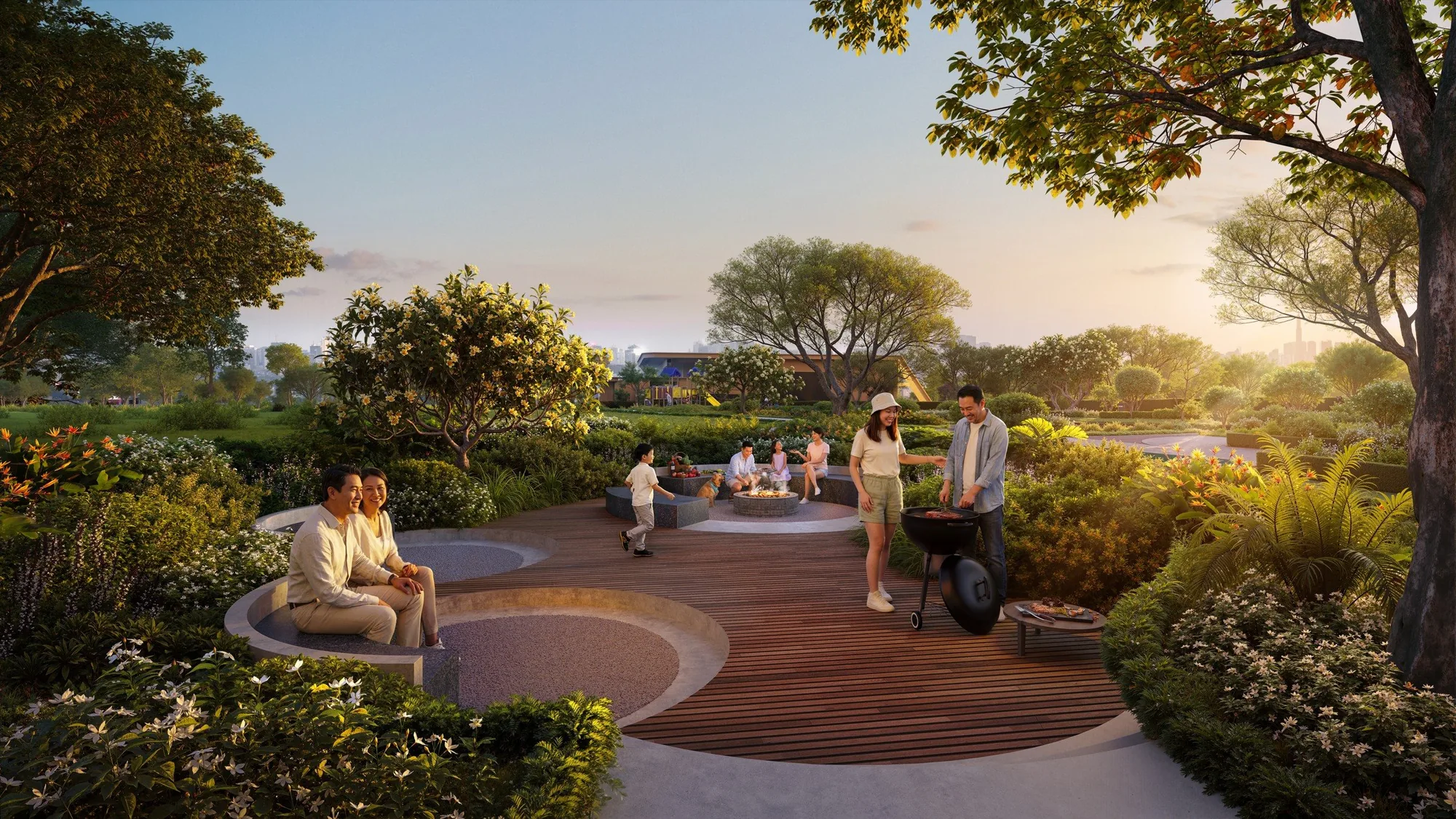 Quảng trường gỗ và khu BBQ giữa cây xanh trong Norton Park (phối cảnh minh họa)