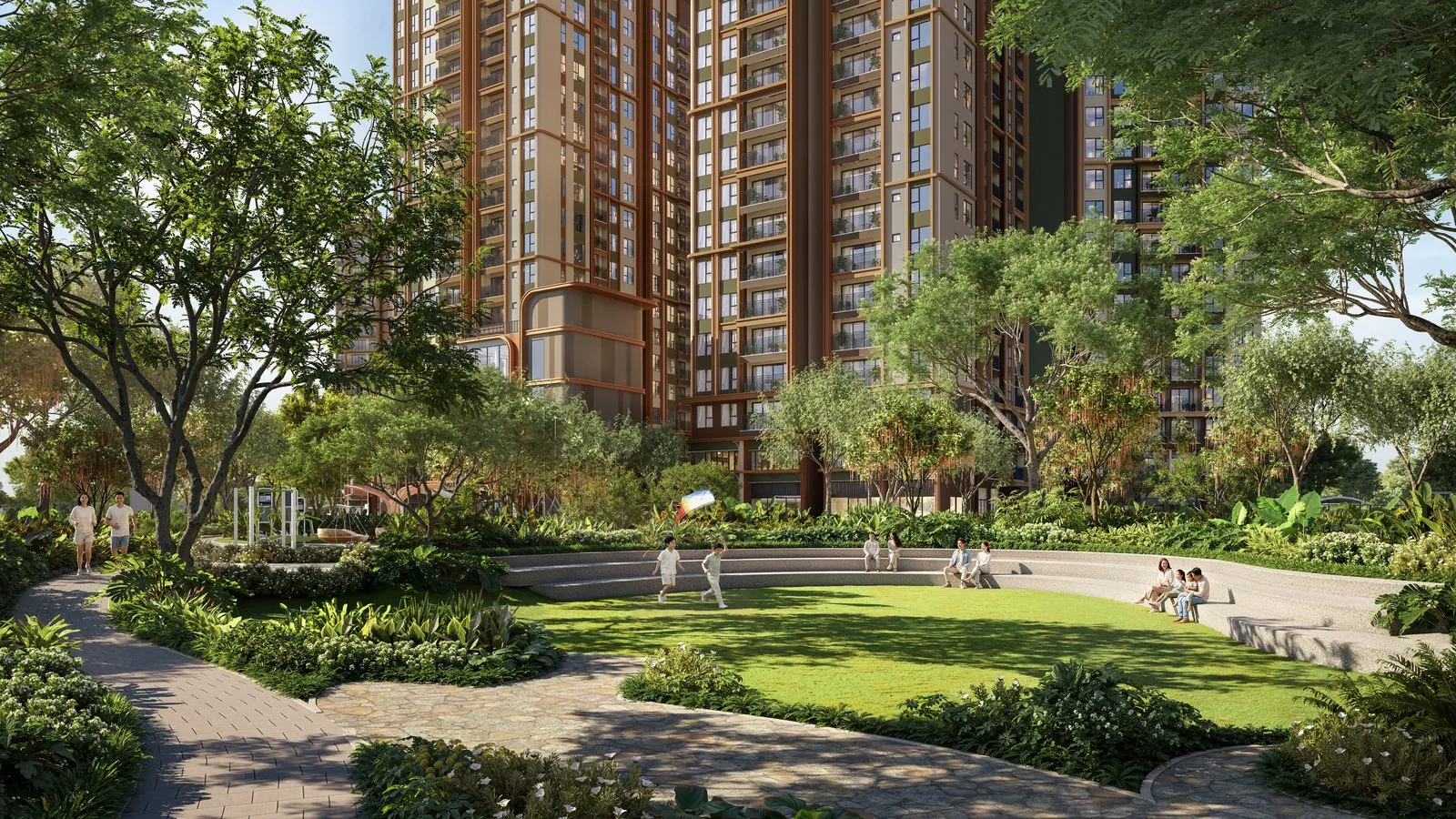 Thảm cỏ rộng và lối đi giữa cây xanh trong Norton Park (phối cảnh minh họa)