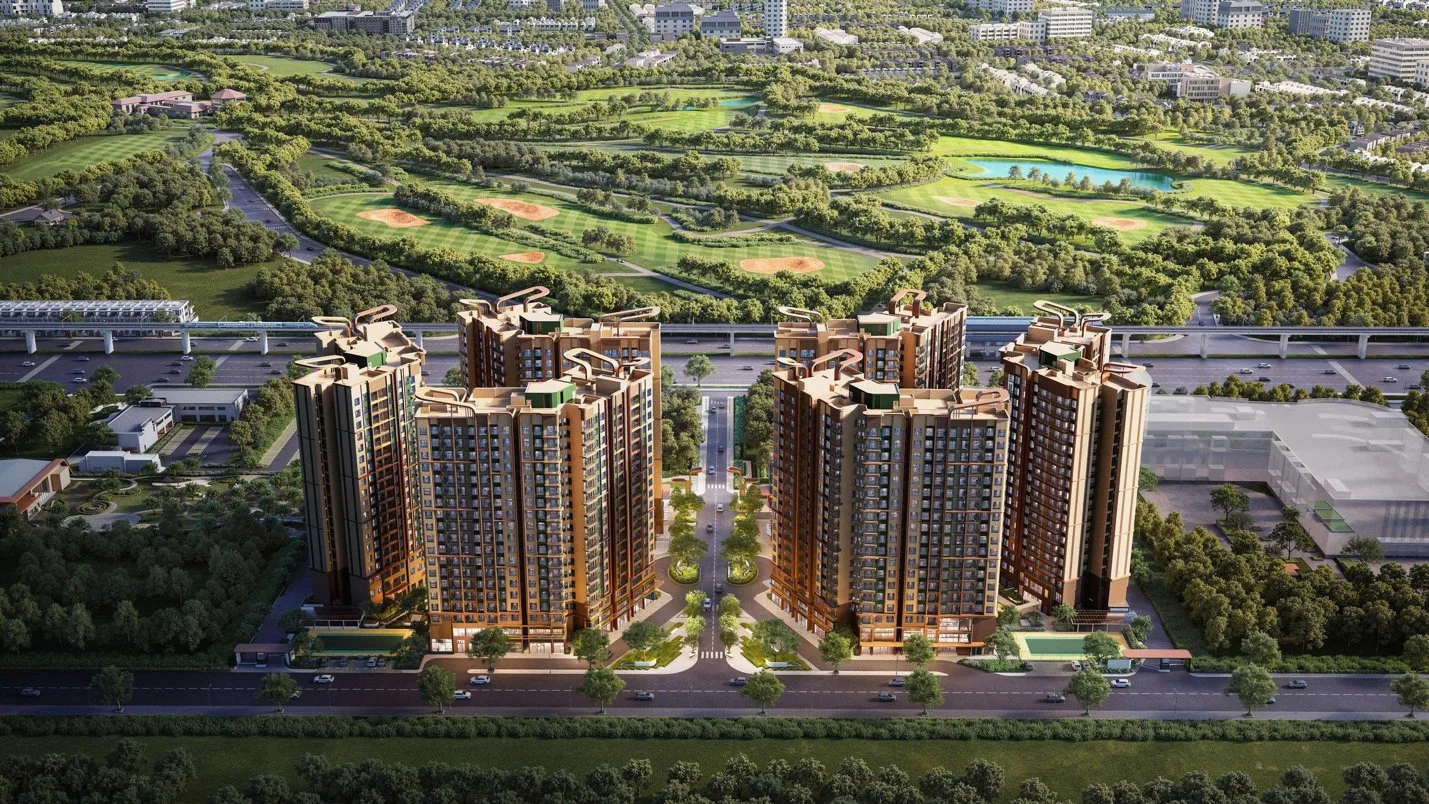 Phối cảnh trên cao dự án Norton Park với 6 tòa tháp và khu vực sân chơi thể thao xung quanh