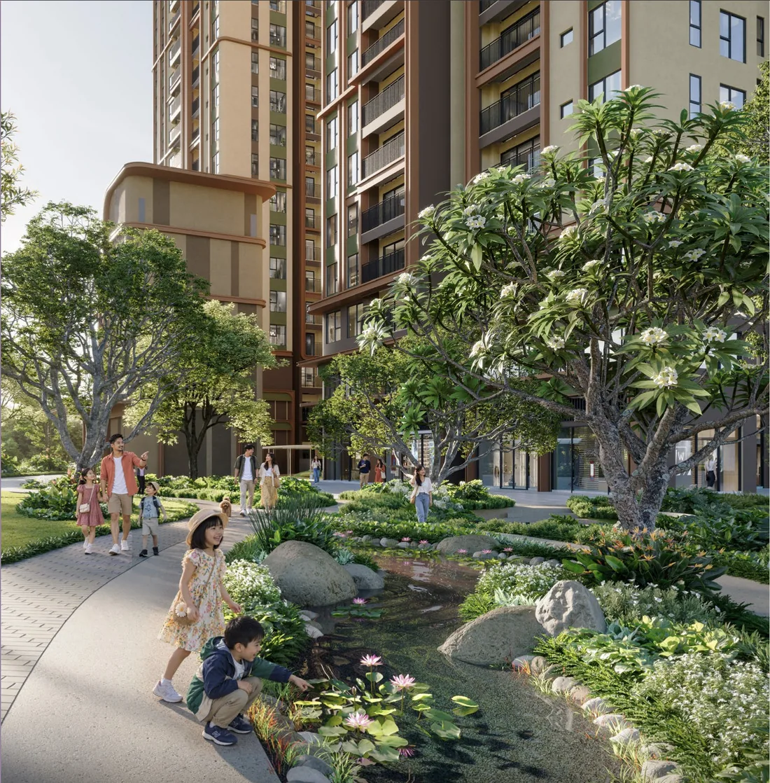 Vườn Mưa và lối dạo trong trạm sạc hứng khởi của Norton Park, trẻ em chơi bên mặt nước (phối cảnh minh họa)