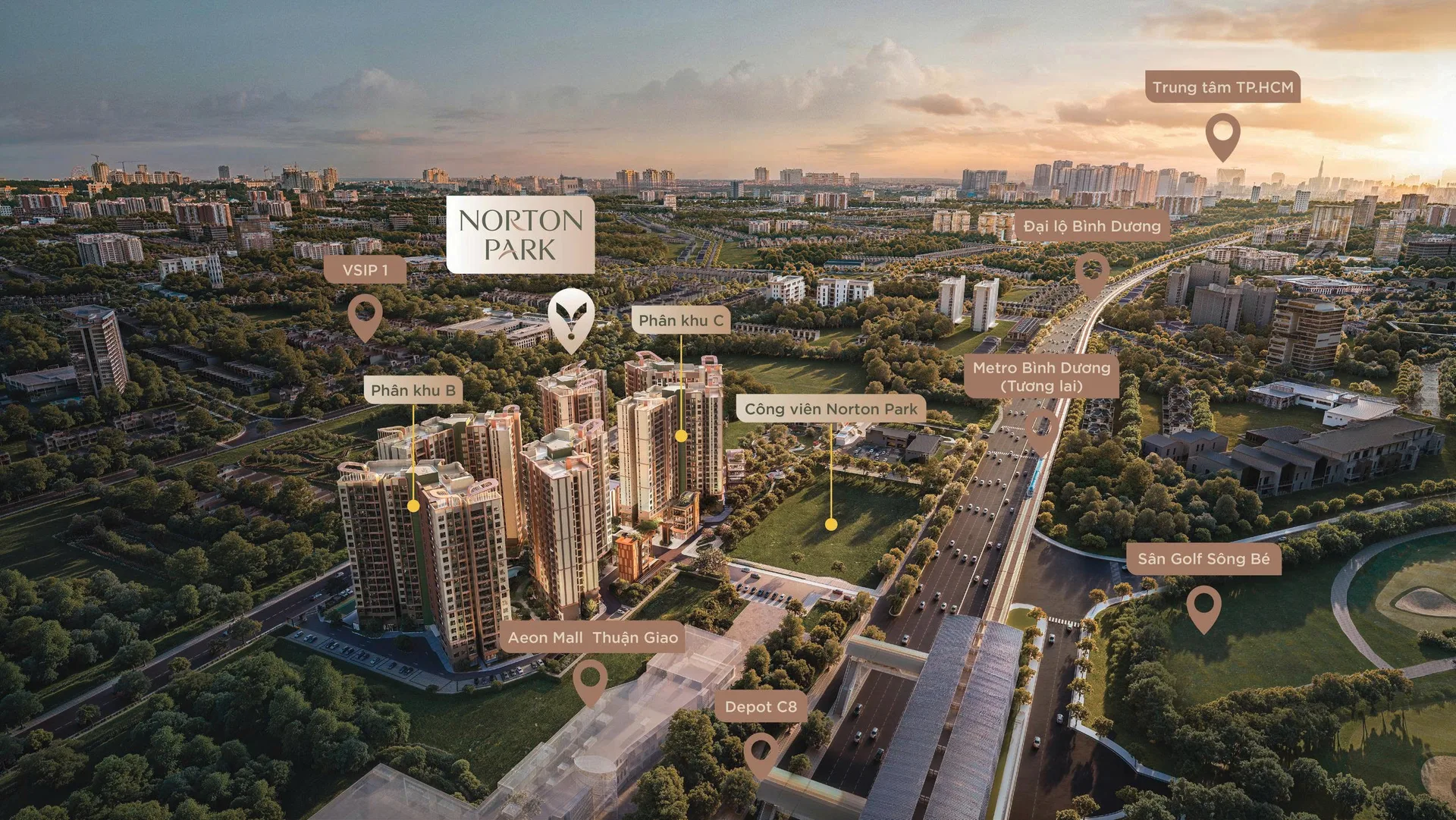 Sơ đồ vị trí dự án Norton Park trên Đại lộ Bình Dương, gần AEON Mall, VSIP I và sân golf Sông Bé